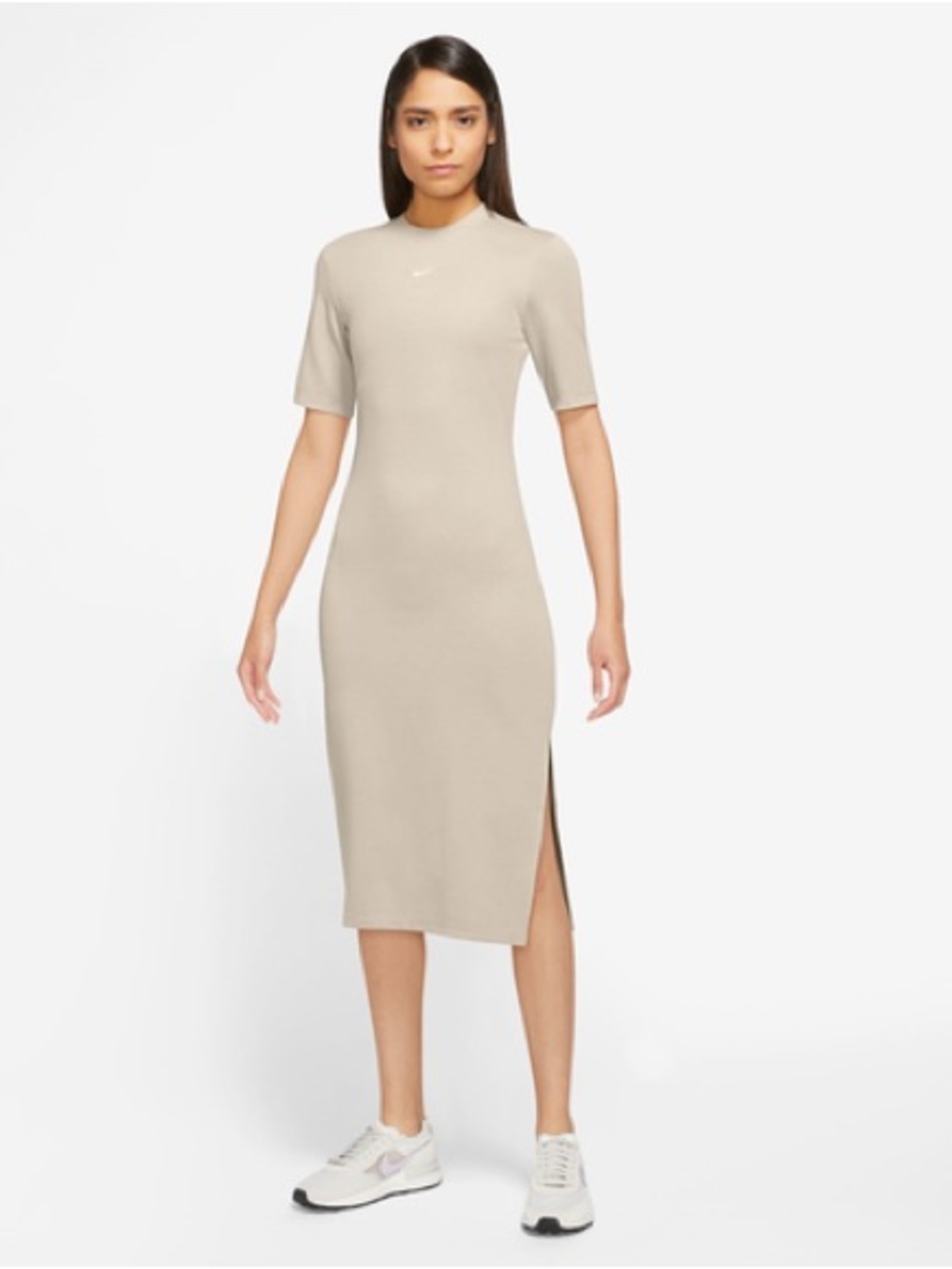 NIKE Sportswear Essential Crewneck Midi Dress In Beige/white- NWOT Sz S